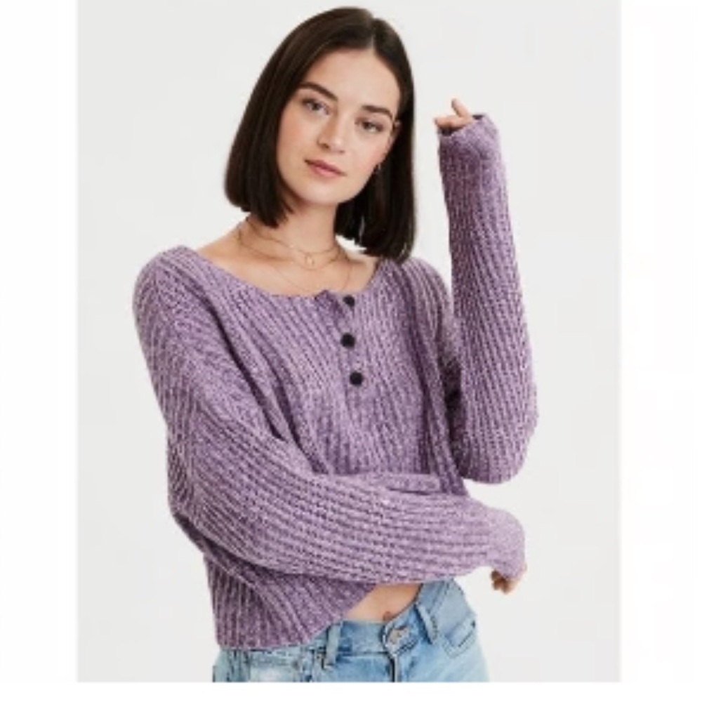 American Eagle‎ Purple Henley Cropped Sweater XS Buttons Round Neck Casual